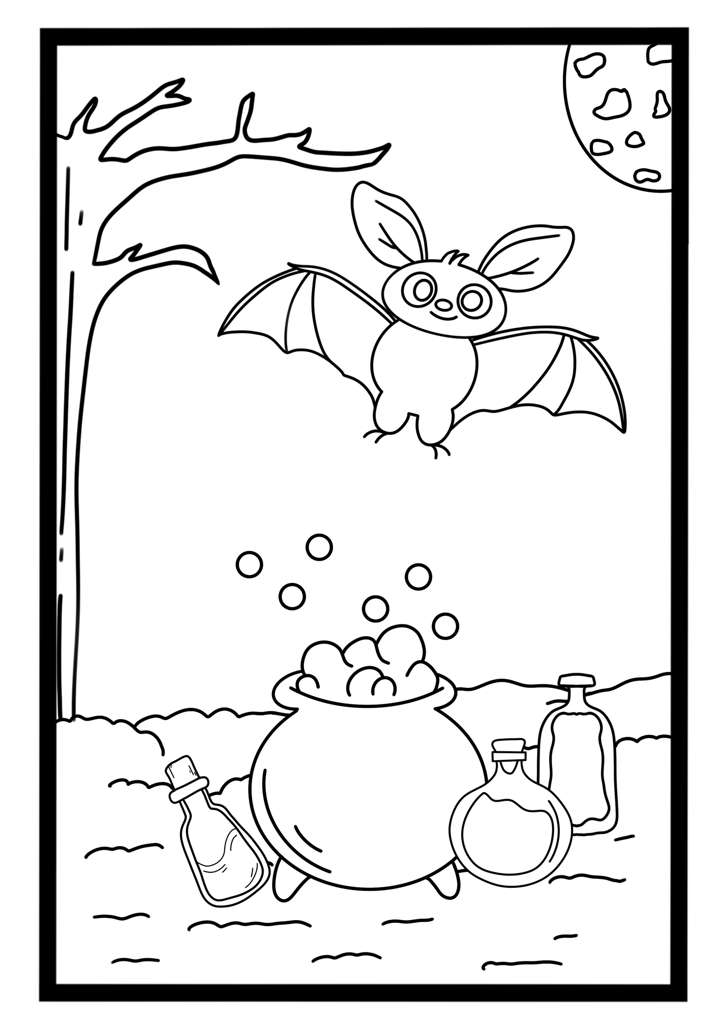 Halloween Bat and potions colouring page