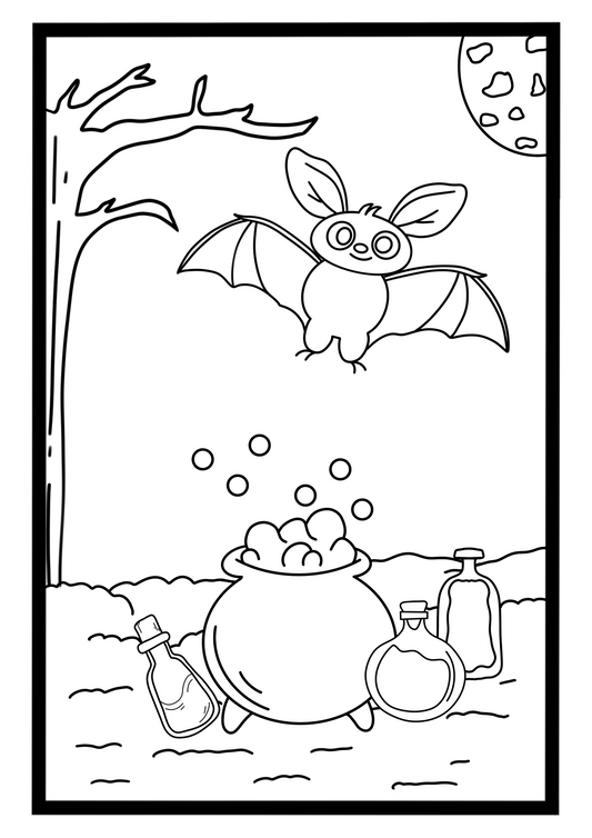 Halloween Bat and potions colouring page